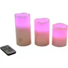 Three LED candles of varying heights and a remote control are displayed against a white background. Produktbild-Vorschau