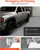 A pickup truck is parked on a gray diamond-plate floor in a garage. The image is divided into sections highlighting product features and specifications. Anteprima dell’immagine prodotto