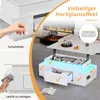 A collage of images showcasing a white, high-gloss coffee table with LED lighting, storage, and a lift-top feature, presented in a living room setting and with close-ups of its features. Voir les images du produit