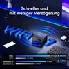 A marketing image showcasing a mini PC with WiFi 7 and Bluetooth 5.4 capabilities, highlighting speed and low latency. Produktbild-Vorschau