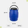 A blue plastic barrel with dimensions and capacity indicated by text overlays. Produktbild-Vorschau