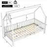 A diagram showing the dimensions of a white house-shaped children's bed. Produktbild-Vorschau