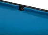 A close-up view of a blue pool table with a black pocket. Produktbild-Vorschau