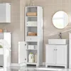 A clean and organized bathroom with white furniture and beige tiled walls. Produktbild-Vorschau