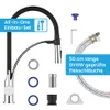 A kitchen faucet and its accessories are laid out on a white background, with text overlays describing features. Produktbild-Vorschau