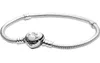 A silver Pandora bracelet with a heart-shaped clasp is displayed against a white background. Produktbild-Vorschau