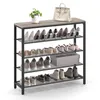 A multi-tiered shoe rack with various shoes and a handbag on top. Náhled obrázku produktu
