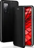 A black flip case for a smartphone is shown, with the phone's screen displaying a red abstract pattern. Produktbild-Vorschau