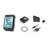 A collection of bicycle computer accessories, including the computer itself, a mount, a rubber ring, a USB cable, and a small black cylindrical object. Produktbild-Vorschau