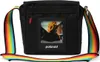 A black camera bag with a rainbow-colored strap and a Polaroid photo displayed on the front. Podgląd zdjęcia produktu