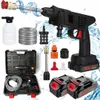 A collection of items related to a cordless pressure washer, including the main unit, batteries, hose, and various attachments, arranged on a white background with water splash graphics. Produktbild-Vorschau