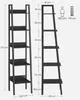 Two views of a black ladder shelf with measurement indicators. Náhled obrázku produktu