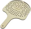 A wooden pizza peel with many small holes and a handle, with a logo printed on it. Podgląd zdjęcia produktu