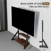 A TV stand with shelves is shown in a room setting, with text highlighting its base width and space-saving feature. A smaller diagram of the stand's base is also shown. Produktbild-Vorschau
