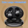 A pair of black wireless earbuds in an open charging case, with text overlay. Produktbild-Vorschau