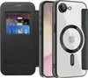 A black leather flip case with card slots is shown next to a clear iPhone case with a MagSafe ring. Produktbild-Vorschau