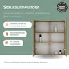 A bathroom cabinet with its features highlighted by text and icons on a green background. Produktbild-Vorschau