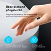 A hand touching a white ceramic surface, with marketing text and icons overlaid. Produktbild-Vorschau