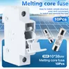 A white fuse holder and two silver fuses are shown in front of a background of solar panels. Voir les images du produit