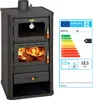 A wood-burning stove and its energy efficiency label.