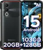 A marketing image of a black smartphone with a red trim, showing its rear and front displays with text overlays. Produktbild-Vorschau