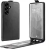 A black flip case for a smartphone, shown open and closed, with the phone screen displaying the time and date. Produktbild-Vorschau