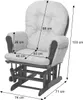 A gray upholstered rocking chair with dimensions indicated by arrows and measurements. Podgląd zdjęcia produktu