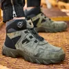 A person wearing work boots on a wooden surface. Produktbild-Vorschau