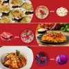 A collage of images showing food preparation and finished dishes, illustrating the use of a food chopper. Produktbild-Vorschau