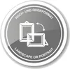 A circular graphic with text and icons indicating a product can be displayed in both landscape and portrait orientations. Produktbild-Vorschau