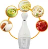 A white electric food chopper is shown in the center, surrounded by circular images of various foods that can be prepared with it, such as mashed potatoes, chopped garlic, dumplings, steamed buns, and minced meat. Náhľad obrázku produktu