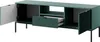 A green TV cabinet with black legs, one drawer pulled out and two doors open. Náhled obrázku produktu