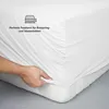 A hand is shown stretching a white fitted sheet over the corner of a mattress. Produktbild-Vorschau