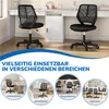Two black office chairs are shown in a room with a white desk and white cabinets. Below this, there are four circular images showing the chair in different settings: an office, a bedroom, a classroom, and a playroom. Podgląd zdjęcia produktu