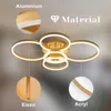 A modern gold LED ceiling light with multiple rings, shown with close-up details of its materials. Náhled obrázku produktu