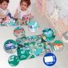 Two children are playing with a wooden city building block set and a puzzle play mat. Náhled obrázku produktu