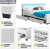 Collage of images showing details and features of a white bed frame with LED lighting. Produktbild-Vorschau