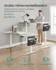A man is using a height-adjustable desk in an office setting, with text overlays highlighting features. Produktbild-Vorschau