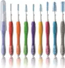 A collection of interdental brushes in various colors, arranged in a row, with one brush in a protective cap. Voir les images du produit