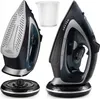A collage of product shots showing a cordless steam iron and its accessories. Produktbild-Vorschau