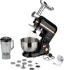 A black kitchen mixer with various attachments, including a meat grinder and blender, is displayed on a white background. Several smaller attachments are scattered around the base of the mixer. Produktbild-Vorschau