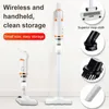 A marketing image showcasing a white and orange cordless vacuum cleaner with various attachments, presented against a light gray and white background. Produktbild-Vorschau