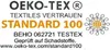 This image displays a certification logo and text related to textile safety standards. Produktbild-Vorschau