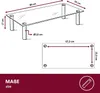 Diagrams showing the dimensions of a glass TV stand with aluminum legs. Produktbild-Vorschau