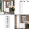 A collage of images showing a white high-gloss bathroom cabinet from different angles and in different settings. Produktbild-Vorschau