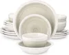 A stack of white ceramic plates and bowls with a swirled green and gray pattern. Produktbild-Vorschau