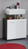 A bathroom vanity with a sink and various toiletries on top and inside. Anteprima dell’immagine prodotto