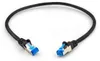A black network cable with blue and silver RJ45 connectors on a white background. Produktbild-Vorschau