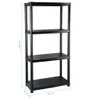 A black, four-tier plastic storage shelf unit is shown against a white background with dimensions indicated by lines and text. Produktbild-Vorschau