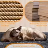 A cat is lying on a gray surface, with close-ups of sisal rope and particle board above it, and text describing product features. Produktbild-Vorschau